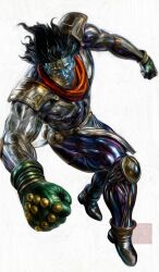 1other absurdres aqua_eyes black_hair blue_skin colored_skin cuneiform full_body gloves green_gloves headband highres jojo_no_kimyou_na_bouken knee_pads medium_hair muscular painting_(medium) red_scarf reflection scarf shiny_skin shoulder_pads simple_background solo spirit stand_(jojo) star_platinum studded_gloves the_world traditional_media watermark white_background white_loincloth whitehogiii