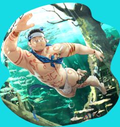 1boy abs armlet bandaid bandaid_on_cheek bandaid_on_face bandaid_on_nose bara black_hair bodypaint bracelet bulge facial_hair fish fundoshi goatee_stubble gyee headband highres itto_(mentaiko) japanese_clothes jewelry kamui_(gyee) large_pectorals looking_to_the_side male_focus muscular muscular_male nipples official_art pectorals pubic_hair solo sparkle stubble swimming tree underwater white_headband
