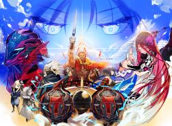 4boys 6+girls absurdres arm_up black_hair blue_hair breasts bull cape capelet chariot closed_eyes cloud cloudy_sky crown crying facing_another facing_to_the_side fate/grand_order fate_(series) fur-trimmed_capelet fur_trim gray_(fate) grey_hoodie hair_between_eyes hephaestion_(fate) highres holding holding_sword holding_weapon hood hoodie irisviel_von_einzbern irisviel_von_einzbern_(caster) iskandar_(fate) large_breasts long_hair looking_at_another looking_at_viewer multiple_boys multiple_girls muscular muscular_male mystic_eyes_of_death_perception one_eye_closed open_mouth pantyhose red_cape red_hair reines_el-melloi_archisorte ryougi_shiki sabazios_(fate) short_hair sidelocks sky spiked_hair sugomori_tsuru_(hana_tsuru_wo) sword thighs typhon_ephemeros_(fate) typhon_epsilon_(fate) very_long_hair weapon white_hair