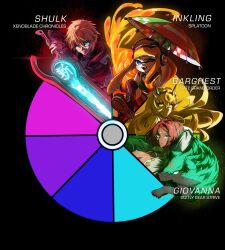 1boy 1other 2girls arrow_(symbol) barghest_(fate) blonde_hair blue_eyes breasts character_name cleavage color_connection color_coordination color_wheel color_wheel_challenge copyright_name crossover dark-skinned_female dark_skin fate/grand_order fate_(series) giovanna_(guilty_gear) green_eyes green_fur guilty_gear guilty_gear_strive heterochromia highres hikrispy inkling inkling_player_character large_breasts lips long_hair looking_at_viewer monado_rex multiple_crossover multiple_drawing_challenge multiple_girls nintendo open_mouth orange_hair pink_lips plunging_neckline recycling_symbol red_hair rei_(guilty_gear) shirt short_hair shulk_(xenoblade) sleeves_pushed_up smile splatoon_(series) tentacle_hair upper_body white_shirt wolf xenoblade_chronicles_(series) xenoblade_chronicles_1 yellow_eyes