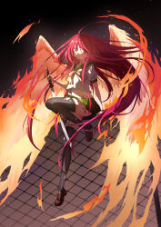 15144666223 1girl absurdres alastor_(shakugan_no_shana) black_thighhighs bruise bruise_on_arm bruise_on_leg bruise_on_stomach closed_mouth fiery_wings floating_hair full_body green_sailor_collar green_skirt hair_between_eyes highres holding holding_sword holding_weapon katana leg_up loafers long_hair looking_at_viewer midriff miniskirt misaki_high_school_uniform pleated_skirt red_eyes red_hair sailor_collar sailor_shirt school_uniform shakugan_no_shana shana shirt shoes short_sleeves skirt solo stomach sword thighhighs torn_clothes torn_shirt torn_skirt torn_thighhighs very_long_hair weapon white_shirt wings zettai_ryouiki