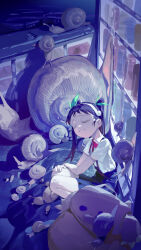 1girl absurdres animal backpack bag black_hair bow bowtie closed_eyes collared_shirt dark facing_viewer hachikuji_mayoi hair_bow hairband highres indoors large_bag long_hair monogatari_(series) omurice_(304975636) oversized_animal shirt short_bangs short_sleeves skirt snail solo squatting suspender_skirt suspenders twintails vending_machine