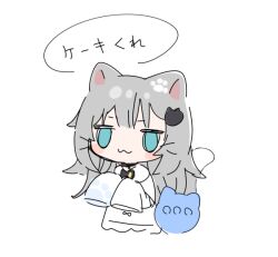Rule 34 | 1girl, :3, amashiro natsuki, animal ears, blue eyes, blush, cat ears, grey hair, hair between eyes, indie virtual youtuber, jitome, long sleeves, nachoneko, paw print, shirt, simple background, sketch, sleeves past wrists, solo, translated, virtual youtuber, white background, white shirt