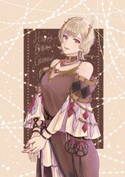 Rule 34 | 1girl, absurdres, bare shoulders, blonde hair, breasts, brown dress, character name, citrinne (fire emblem), cleavage, dress, earrings, feathers, fire emblem, fire emblem engage, gold choker, gold trim, hair ornament, happy birthday, highres, hoop earrings, jewelry, leather wrist straps, looking at viewer, medium breasts, mismatched earrings, nekoyashiki 08, nintendo, red eyes, solo, wing hair ornament