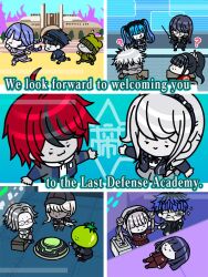 Rule 34 | 6+boys, 6+girls, ?, amemiya darumi, aotsuki eito, artist request, black bow, black hair, black hairband, black haori, black jacket, black sailor collar, black shirt, blonde hair, blue hair, blue hat, blue jacket, bow, braid, brother and sister, chibi, chibi only, commentary, double bun, earrings, english commentary, english text, everyone, eyepatch, gakuran, ginzaki shouma, glasses, green hat, grey hair, grey jacket, grey skirt, hair bow, hair bun, hairband, haori, hat, highres, hood, hoodie, jacket, jacket over hoodie, japanese clothes, jewelry, kawana tsubasa, kirifuji nozomi, long hair, looking at viewer, lying, magadori kyoshika, maruko gaku, masked, mojiro moko, multicolored hair, multicolored jacket, multiple boys, multiple girls, multiple views, official art, omokage yugamu, on back, on table, oosuzuki kurara, open clothes, open jacket, pink hair, ponytail, print eyepatch, purple hair, red hair, red serafuku, running, sailor collar, school uniform, second-party source, serafuku, shirt, shizuhara hiruko, short hair, siblings, single braid, skirt, sparkle, streaked hair, sumino takumi, sunglasses, table, the hundred line -last defense academy-, tsukumo ima, tsukumo kako, twins, twintails, two-tone jacket, white hoodie, yakushiji takemaru