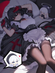 2girls absurdres alternate_costume angel_girl_(shimmer) apron black-haired_demon_girl_(shimmer) black_dress black_hair black_pantyhose blue_eyes breasts character_doll chibi commentary demon_tail doll dress enmaided feet_out_of_frame frilled_apron frills gloves grey_hair halo hat heart highres lying maid maid_headdress medium_breasts multiple_girls on_back original pantyhose red_eyes red_gloves shimmer short_sleeves solo_focus speech_bubble symbol-only_commentary tail white_apron yuri