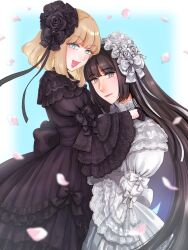 Rule 34 | 2boys, arisa (yuki touko), back bow, black dress, blonde hair, blue eyes, blunt bangs, bow, classic lolita, crossdressing, dress, expressionless, frills, gem, gloves, gown, grey eyes, hair ornament, hairband, highres, hime cut, hug, lace, lace gloves, lolita fashion, lolita hairband, long hair, looking to the side, male focus, medium hair, mole, mole under eye, mole under mouth, multiple boys, open mouth, original, pearl (gemstone), petals, seira (yuki touko), smile, trap, white dress, yuki touko