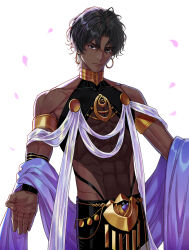 Rule 34 | 1boy, abs, absurdres, arjuna (fate), arjuna (fgo fes. 2025) (fate), black eyes, black hair, commentary request, dark-skinned male, dark skin, detached sleeves, dnstar 1019, earrings, fate/grand order, fate (series), gold armlet, gold earrings, gold necklace, highres, jewelry, korean commentary, looking at viewer, male focus, necklace, purple shawl, see-through clothes, shawl, sleeveless, solo, upper body, wavy hair