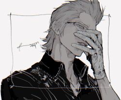 1boy arm_up collared_shirt dadadadadaist final_fantasy final_fantasy_xv glasses greyscale hair_slicked_back hand_on_own_face highres ignis_scientia jewelry looking_ahead male_focus monochrome necklace open_collar parted_lips popped_collar rimless_eyewear shirt short_hair solo teeth upper_body
