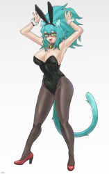 19vodnik 1girl :3 absurdres animal_ear_fluff animal_ear_hairband animal_ears armpits arms_up artist_name bare_shoulders bell black_leotard black_pantyhose blue_hair blue_tail blush breasts cat_ears cat_tail cleavage commentary covered_navel english_commentary fake_animal_ears fang full_body glasses green_eyes hair_between_eyes hairband high_heels highleg highleg_leotard highres large_breasts leotard neck_bell open_mouth original pantyhose playboy_bunny rabbit_ear_hairband rabbit_ears rectangular_eyewear red-framed_eyewear red_shoes shoes sideboob sidelocks simple_background solo strapless strapless_leotard sweat tail thighs white_background wide_ponytail wrist_cuffs