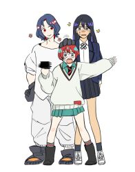 1boy 2girls amate_yuzuriha anger_vein aqua_eyes black_hair blue_hair blush censored censored_gesture collared_shirt colored_inner_hair crying dnchuu12 full_body gloves gundam gundam_gquuuuuux highres jacket long_hair long_sleeves lower_eyelashes_only multicolored_hair multiple_girls necktie nyaan_(gundam_gquuuuuux) open_mouth pants red_eyes red_hair school_uniform sharp_teeth shirt short_hair shuji_ito simple_background skirt smile standing sweater teeth two-tone_hair white_background yellow_eyes
