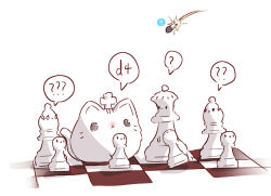 ! !! 0_0 ? ?? animal animal_focus board_game cat chess chess_piece commentary english_commentary highres missile no_humans original simple_background spoken_exclamation_mark spoken_question_mark tandohark white_background white_cat