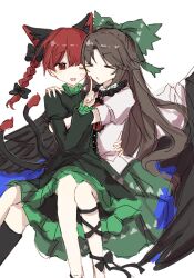 &gt;_&lt; 2girls ;d animal_ears bird_wings black_dress black_hair black_ribbon black_wings bow cape cat_ears cat_girl closed_eyes dress extra_ears green_bow green_skirt hair_bow hashtag-only_commentary heart highres hug index_finger_raised juliet_sleeves kaenbyou_rin leg_ribbon long_hair long_sleeves looking_at_viewer multiple_girls one_eye_closed open_mouth puffy_sleeves red_eyes reiuji_utsuho ribbon shirt short_sleeves simple_background sitting skirt smile touhou triangle_print white_background white_cape white_shirt wings wusem0108 yuri