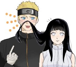 1boy 1girl artist_name bandaged_hand bandages bare_shoulders black_hair black_jacket blonde_hair blue_eyes blush closed_mouth couple facial_mark forehead_protector hashtag-only_commentary hetero highres hyuuga_hinata index_finger_raised jacket konohagakure_shinobi_uniform long_hair looking_at_viewer naruto:_the_last naruto_(series) ns195122 short_hair smile tongue tongue_out upper_body uzumaki_naruto whisker_markings white_background white_eyes