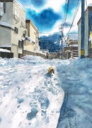animal building cloud cloudy_sky day dog house no_humans original outdoors painting_(medium) power_lines road scenery shadow sky snow street sunlight town traditional_media utility_pole watercolor_(medium) yuki_furasi