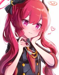 1girl :t black_jacket blue_archive closed_mouth commentary_request demon_horns dot_nose halo heart highres holding holding_spoon horns jacket junko_(blue_archive) minchia_(wncm5544) neckerchief pink_eyes pointy_ears red_hair red_halo red_neckerchief simple_background solo spoon twintails white_background