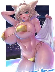1girl absurdres ahoge animal_ears areola_slip bikini blonde_hair blush breasts bright_pupils cleavage fang fox_ears gold_bikini green_eyes hair_intakes highleg highleg_bikini highres huge_breasts large_areolae long_hair looking_at_viewer minarai_tenna monster_girl narulala navel one_eye_closed open_mouth original satin_bikini shiny_swimsuit solo stomach string_bikini swimsuit