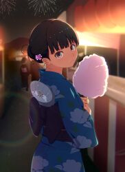 1girl absurdres aerial_fireworks alternate_costume alternate_hairstyle amagami ayatsuji_tsukasa black_eyes black_hair blue_kimono closed_mouth cotton_candy evening fireworks floral_print flower food from_behind hair_bun hair_flower hair_ornament hand_fan highres holding holding_cotton_candy holding_food japanese_clothes kagari_ds kimono lens_flare long_sleeves looking_at_viewer looking_back obi outdoors paper_fan pout print_kimono sash short_hair solo_focus uchiwa yukata
