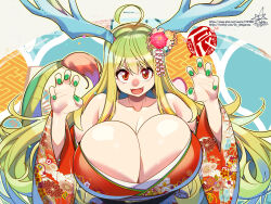1girl ahoge bare_shoulders blonde_hair blush breasts chinese_zodiac claw_pose collarbone commentary_request dragon_girl dragon_horns dragon_tail fake_horns fangs floral_print floral_print_kimono flower gradient_hair green_hair green_nails hair_flower hair_ornament heart highres horns huge_breasts japanese_clothes kimono long_hair long_horns looking_at_viewer multicolored_hair nail_polish off_shoulder open_mouth original pixiv_id pixiv_username print_kimono red_eyes red_kimono signature smile solo speech_bubble tail twitter_username umigarasu_(kitsune1963) upper_body very_long_hair wide_sleeves year_of_the_dragon