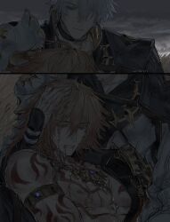 2boys absurdres arm_tattoo armlet armor bare_pectorals black_choker black_coat blonde_hair blood blood_from_mouth blood_on_face blue_eyes braid chest_tattoo choker coat facial_tattoo gold_necklace gradient_hair hair_between_eyes hand_on_another&#039;s_head highres honkai:_star_rail honkai_(series) jewelry kannbergri male_focus medium_hair multicolored_hair multiple_boys mydei_(honkai:_star_rail) neck_tattoo necklace open_clothes open_coat pauldrons pectorals phainon_(honkai:_star_rail) red_hair red_tattoo short_hair shoulder_armor side_braid single_pauldron tattoo toned toned_male white_coat white_hair yaoi yellow_blood yellow_eyes