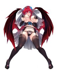 Rule 34 | 1girl, ahoge, black thighhighs, blue eyes, breast lift, breasts, cleavage, covered erect nipples, demon girl, demon wings, flower, gluteal fold, grabbing own breast, hair between eyes, hair flower, hair ornament, high school dxd, highres, huge breasts, long hair, looking at viewer, miyama-zero, navel, red hair, revealing clothes, rias gremory, simple background, smile, stomach, thick thighs, thighhighs, thighs, underboob, veil, very long hair, white background, wide hips, wings