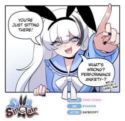 1girl :d animal_ear_hairband animal_ears artist_name black_choker black_hairband black_nails black_streaks blue_eyes blue_shirt blush border bow breasts bright_pupils character_name choker commentary double-parted_bangs english_commentary english_text fake_animal_ears fang fourth_wall hair_between_eyes hairband hand_up highres index_finger_raised long_hair long_sleeves looking_at_viewer multicolored_hair open_mouth original rabbit_ear_hairband rabbit_ears ryuuxin sally_sinclair shirt smile solo speech_bubble streaked_hair talking white_background white_border white_bow white_hair white_pupils