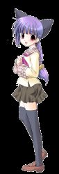 1boy androgynous animal_ears animated animated_gif aojiru bell braid cat_boy cat_ears crossdressing ear_wiggle flat_chest full_body hanamaru! happy kirishima_sumire long_hair male_focus plaid purple_hair red_eyes school_uniform serafuku skirt solo standing thighhighs transparent_background trap zettai_ryouiki