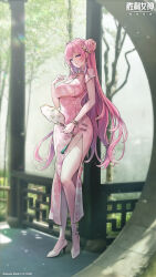 1girl bracelet braid breasts china_dress chinese_clothes chinese_commentary closed_mouth commentary_request day dorothy_(nikke) dress full_body goddess_of_victory:_nikke hair_bun hair_intakes hand_fan high_heels highres holding holding_fan jewelry large_breasts long_hair looking_at_viewer official_art outdoors pink_dress pink_hair purple_eyes shoes short_sleeves smile solo star_(symbol) very_long_hair watermark white_shoes
