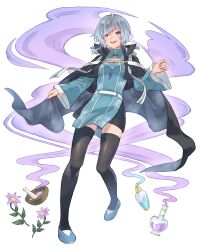 Rule 34 | 1girl, absurdres, ahoge, black cape, black skirt, black thighhighs, blue dress, blue shoes, bowl, breasts, cape, clothing cutout, commentary request, commission, dress, flower, full body, glass bottle, grey cape, grey hair, heart-shaped bottle, highres, ito yoshi, light blush, long sleeves, looking at viewer, medium breasts, miniskirt, mortar (bowl), open mouth, original, parted bangs, pestle, potion, purple flower, ribbon, running, shoes, short hair, side slit, simple background, skeb commission, skirt, skirt under dress, sleeves past wrists, smile, smoke, solo, striped ribbon, teeth, thighhighs, two-sided cape, two-sided fabric, upper teeth only, white background, wide sleeves, zettai ryouiki