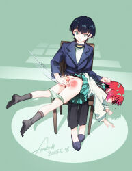 2girls absurdres amate_yuzuriha ass black_hair black_socks chair clothes_lift crying fireball_666 gundam gundam_gquuuuuux highres humiliation mother_and_daughter multiple_girls office_lady over_the_knee pain panties panty_pull red_hair school_uniform short_hair sitting skirt skirt_lift socks spanked spanking tamaki_yuzuriha underwear