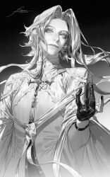 androgynous dated gloves greyscale highres jewelry light_smile long_hair monochrome nail_polish necklace original realistic solo vlfdus_0