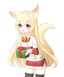 1girl absurdres animal_ears bandeau bare_shoulders bell black_thighhighs blonde_hair boong0619 bow bowtie christmas commission cowboy_shot detached_collar detached_sleeves fox_ears fox_girl fox_tail fur-trimmed_skirt fur-trimmed_sleeves fur_trim gift highres holding holding_gift long_hair long_sleeves looking_at_viewer midriff miniskirt navel open_mouth original purple_eyes red_bandeau red_skirt side_slit simple_background skirt smile solo stomach strapless tail thighhighs tube_top very_long_hair white_background zettai_ryouiki