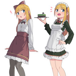 ! 1girl :d :o blonde_hair blue_eyes bow brown_bow brown_skirt cake fang food hair_bow hand_on_own_hip highres holding holding_plate long_hair long_sleeves looking_at_viewer maid maid_headdress multiple_views open_mouth original pantyhose plate saiste shirt simple_background skin_fang skirt smile white_background white_pantyhose white_shirt
