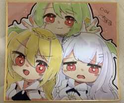 3girls azur_lane blonde_hair braid chibi chibi_only closed_mouth comet_(azur_lane) crescent_(azur_lane) cygnet_(azur_lane) double_w fang green_hair hair_between_eyes hair_ornament hairclip highres looking_at_viewer marker_(medium) multiple_girls open_mouth oppogatoreta photo_(medium) red_eyes skin_fang smile star_(symbol) star_hair_ornament traditional_media w white_hair