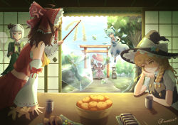 6+girls :o ^^^ absurdres anger_vein angry apron ascot bat_wings black_bow black_hairband black_vest blue_eyes blue_footwear blue_skirt blue_vest blush bow bowtie braid brown_hair candy cirno collared_dress collared_shirt commentary cup daiyousei dress fairy_wings fangs food from_behind frozen_frog fruit gohei green_eyes green_hair grey_eyes grey_hair grey_skirt grey_vest hair_ribbon hairband hakurei_reimu hakurei_shrine hat hat_ornament hat_ribbon highres holding holding_umbrella ice ice_wings izayoi_sakuya kirisame_marisa konpaku_youmu looking_at_another maid_headdress mandarin_orange mary_janes medium_hair multiple_girls munerinrakugaki neck_ribbon onbashira parasol pink_dress pink_legwear pink_shoes puffy_short_sleeves puffy_sleeves purple_hair red_ascot red_bow red_eyes red_ribbon red_skirt red_vest remilia_scarlet ribbon ribbon_trim rock sarashi senbei shirt shoes short_hair short_sleeves side_ponytail skirt skirt_set smile socks sparkle star_(symbol) star_hat_ornament tofu torii touhou tray tree turtleneck umbrella v-shaped_eyebrows vampire vest waist_apron waist_bow white_bow white_hair white_legwear white_ribbon white_shirt wings witch_hat yellow_ascot yunomi
