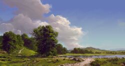 absurdres blue_sky cloud day highres lake no_humans original outdoors philipp_urlich scenery signature sky tree water