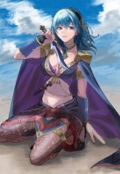 1girl absurdres black_hairband blue_cape blue_eyes blue_hair blue_sky breasts brown_pantyhose cape cloud commentary_request dagger female_byleth_(fire_emblem) female_byleth_(jehanna)_(fire_emblem) fingernails fire_emblem fire_emblem:_three_houses fire_emblem_heroes floating_hair hairband highres holding holding_dagger holding_knife holding_weapon knife long_hair looking_at_viewer marukubi9595 medium_breasts midriff navel nintendo official_alternate_costume outdoors pantyhose sky solo stomach weapon