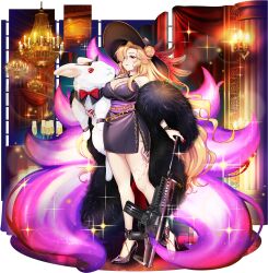1girl alternate_costume alternate_hairstyle alternate_headwear black_dress black_shoes blonde_hair breasts champagne_flute chandelier cleavage crescent cup dress drinking_glass earrings energy fingernails fox_tail full_body game_cg gun hair_bun hat hat_feather high_heels highres holding holding_stuffed_toy jewelry junko_(touhou) large_breasts leg_tattoo long_fingernails long_hair looking_at_viewer multiple_tails official_art patent_heels pumps red_eyes red_nails rifle rotte_(1109) sharp_fingernails shoes short_dress sleeveless sleeveless_dress solo sparkle stiletto_heels stuffed_animal stuffed_rabbit stuffed_toy tail tattoo thighs third-party_source touhou touhou_lostword transparent_background very_long_hair weapon weapon_request