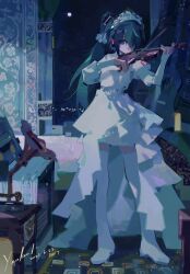 1girl aqua_eyes dress frilled_dress frills full_body hatsune_miku highres indoors instrument music playing_instrument sky solo standing star_(sky) starry_sky thighhighs twintails violin vocaloid white_dress window yenkurl