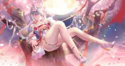 1girl absurdres bare_legs bare_shoulders breasts cherry_blossoms chinese_clothes cleavage closed_mouth collarbone colored_eyelashes detached_sleeves dress earrings eastern_dragon_horns fingernails flower flower-shaped_pupils hair_flower hair_ornament hand_up hanfu high_heels highres horns jewelry jinhsi_(peach_blossom)_(wuthering_waves) jinhsi_(wuthering_waves) legs long_hair looking_at_viewer missing_commentary mole mole_on_cheek multicolored_dress offering_hand official_alternate_costume pink_dress pink_flower pink_horns pink_petals pink_pupils shoes small_breasts smile smll233 solo symbol-shaped_pupils thighlet tree very_long_hair white_dress white_eyelashes white_eyes white_hair white_shoes white_sleeves wuthering_waves