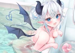 1girl absurdres arm_rest bathing bathtub black_horns black_wings blue_eyes blue_hair blue_nails blush breast_rest breasts character_request commission completely_nude crossed_bangs demon_girl demon_horns demon_tail demon_wings double_bun earrings embarrassed eyelashes fang from_side furrowed_brow hair_between_eyes hair_bun highres horns indoors jewelry kneeling leaning_forward leaning_on_object looking_at_viewer looking_to_the_side medium_breasts mole mole_under_eye multicolored_hair nail_polish nude null_maru open_mouth partially_submerged pointy_ears short_hair sidelocks solo streaked_hair tail tail_raised tile_wall tiles two-tone_hair virtual_youtuber water wet white_hair wings