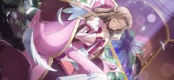 Rule 34 | 1girl, artist request, bow, braid, brown hair, choker, closed eyes, closed mouth, code geass, code geass: lost stories, collarbone, dress, dutch angle, feathers, female focus, flat chest, flower, forehead, french braid, game cg, gold trim, hair intakes, hands on own chest, hands up, highres, indoors, juliet sleeves, lens flare, light rays, long dress, long hair, long sleeves, lotus, non-web source, nunnally vi britannia, official art, own hands together, palm tree, pink dress, powered wheelchair, puffy sleeves, purple bow, purple choker, raised eyebrows, serious, sidelocks, sitting, solo, sparkle, tree, wheelchair, white feathers, white flower