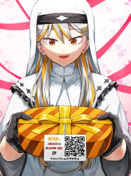 1girl :d black_gloves box brown_eyes commentary_request cross cross-shaped_pupils cross_hair_ornament english_text fang gift gift_box gloves gradient_background grey_hair hair_between_eyes hair_ornament half_gloves heart heart_background highres holding holding_gift latin_cross long_hair long_sleeves looking_at_viewer multicolored_hair nun open_mouth orange_hair original pageratta pink_background pink_ribbon qr_code ribbon robe smile streaked_hair symbol-shaped_pupils translation_request upper_body veil watermark web_address white_background white_robe wide_sleeves