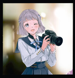 1girl ;d black_border blue_eyes blue_ribbon blue_skirt blush border braid camera collared_shirt commentary_request gakuen_idolmaster grey_hair hair_ribbon half_up_braid hatsuboshi_gakuen_school_uniform highres holding holding_camera idolmaster katsuragi_lilja looking_at_viewer neck_ribbon one_eye_closed open_mouth ribbon ribbon_braid school_uniform shimkarom shirt short_hair skirt smile solo tongue