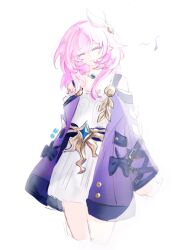 1girl awaitouteng breasts coat commentary cropped_legs cyrene_(honkai:_star_rail) dress hair_ornament highres honkai:_star_rail honkai_(series) jewelry medium_hair multicolored_hair musical_note necklace pink_hair pointy_ears purple_coat simple_background small_breasts smile solo symbol-only_commentary thighs two-tone_hair white_background white_dress white_hair