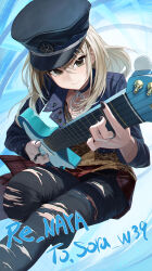 Rule 34 | &gt;:), 1girl, absurdres, artist name, black choker, black hat, black jacket, black pants, blonde hair, blue background, chinese commentary, choker, closed mouth, commentary request, commission, eyelashes, foot out of frame, foreshortening, girls band cry, green eyes, guitar, hair between eyes, hat, highres, holding, holding guitar, holding instrument, instrument, jacket, kawaragi momoka, light blush, long hair, looking at viewer, open clothes, open jacket, pants, peaked cap, re naya, simple background, smile, solo, torn clothes, torn pants, tsurime, v-shaped eyebrows