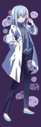 1girl absurdres adjusting_eyewear aqua_shoes black_pants black_sweater blue_hair brown_eyes glasses hand_in_pocket high_heels highres izutsumi_minato lab_coat long_hair looking_at_viewer mosa_purim ninja_to_koroshiya_no_futarigurashi open_mouth pants pumps purple_background rimless_eyewear roboko_(ninkoro) round_eyewear shoes skull solo stethoscope sweater turtleneck turtleneck_sweater wide_sleeves