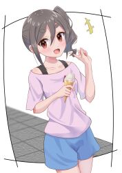 1girl blue_shorts collarbone food grey_hair highres holding holding_food holding_ice_cream_cone ice_cream_cone kiriyama_an long_hair looking_at_viewer mono_(afro) off-shoulder_shirt off_shoulder pink_shirt red_eyes rokkii_(pixiv77873722) shirt shorts side_ponytail smudge thick_eyebrows twirling_hair