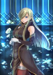 1girl black_dress blue_eyes blunt_ends breasts brown_hair commentary_request dress flower gold_trim hair_over_one_eye holding holding_flower in-universe_location komegura large_breasts long_hair looking_at_viewer open_mouth smile solo tales_of_(series) tales_of_the_abyss tear_grants watermark
