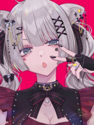 1girl alto_seneka animal_ear_piercing animal_ears black_gloves blunt_bangs chestnut_mouth cleavage_cutout clothing_cutout facial_mark fang fingerless_gloves fishnet_cutout gloves grey_eyes grey_hair heart heart_facial_mark highres hololive jirai_kei lion_ears lion_girl long_hair looking_at_viewer pink_background shishiro_botan shishiro_botan_(jirai_kei) solo twintails upper_body v virtual_youtuber